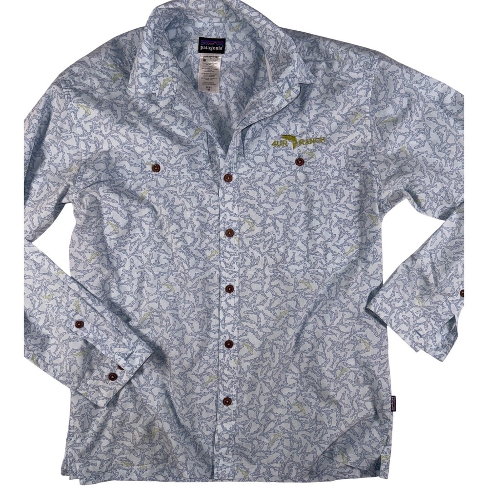 Patagonia Mens M 4UR Ranch Trout Fish Print Button Down Shirt Long Sleeve